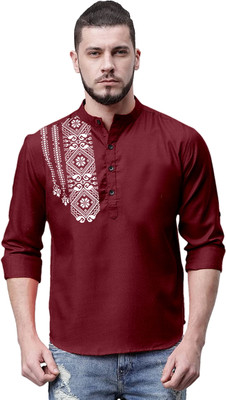 FOLGEN Men Self Design Straight Kurta(Maroon)