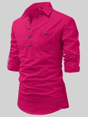 FireFish Men Solid A-line Kurta(Pink)