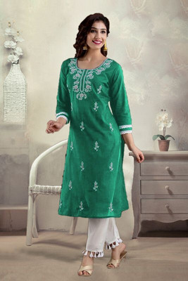 SISTO Women Embroidered Straight Kurta(Green)