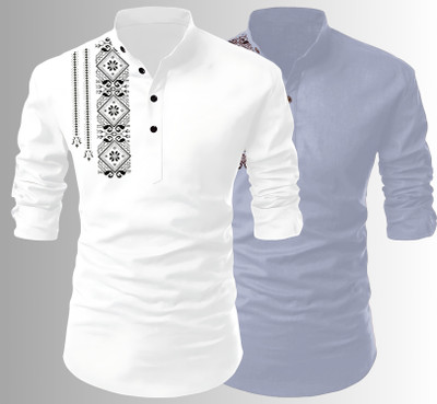 Kavyangle Creation Men Printed Straight Kurta(White, Grey)
