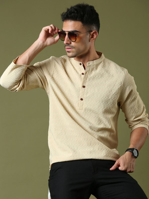 Voroxy Men Self Design Straight Kurta(Beige)