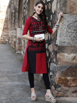 EthnicBasket Women Floral Print Straight Kurta(Red)