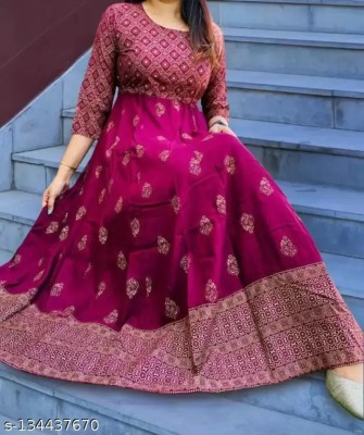 Amanisha Women Printed Anarkali Kurta(Pink)