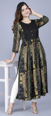 pillaie-commerce Women Floral Print, Abstract, Embellished, Printed Anarkali Kurta(Black)