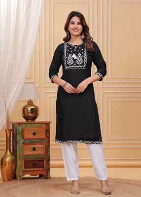 MOUYAL ART Women Printed A-line Kurta(Black)