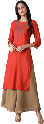 W Women Embroidered Straight Kurta(Orange)