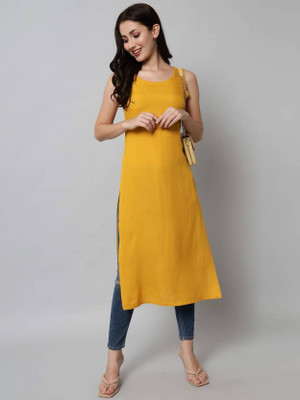 STYLE GRID Women Solid A-line Kurta(Yellow)