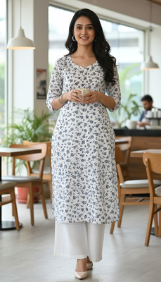 PRADHANJI COLLECTION Women Floral Print A-line Kurta(White)
