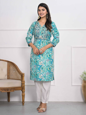 Meena Bazaar Women Printed Straight Kurta(Blue)