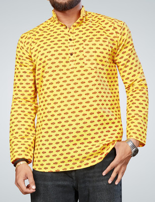 FRELURO Men Printed Straight Kurta(Yellow)