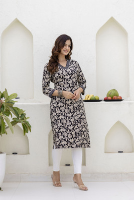Dressar Women Floral Print Straight Kurta(Black)