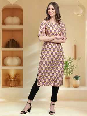 EthnicBasket Women Printed A-line Kurta(Beige, Purple)