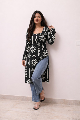 Klmps Women Printed Straight Kurta(Black, White)