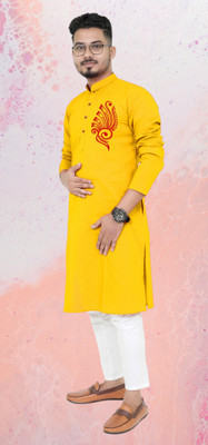 Darckchil Fab Men Printed Straight Kurta(Yellow)