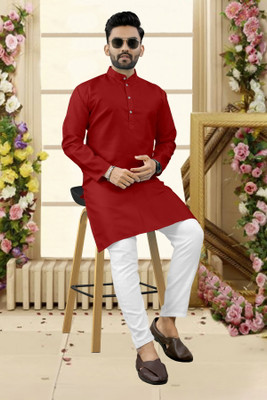 Shree Dutt Creation Men Solid Straight Kurta(Red)