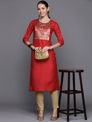 Indo Era Women Embellished Straight Kurta(Red)