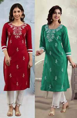 SISTO Women Chikan Embroidery Straight Kurta(Red, Green)