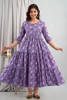 HouseOfCommon Women Printed Ethnic Dress Kurta(Purple)