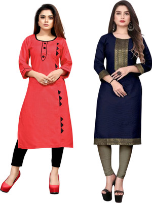 AAIKHODAL Women Woven Design Straight Kurta(Blue, Red)