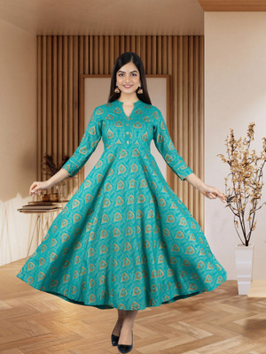 Shumeera Women Printed Flared Kurta(Green)