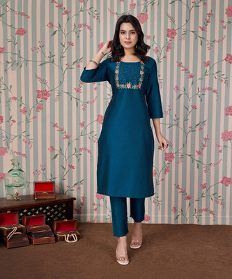 Ode by House of Pataudi Women Embroidered Straight Kurta(Blue)