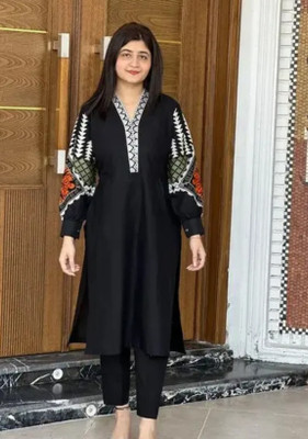 NKC Women Embroidered A-line Kurta(Black)