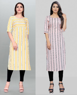 tanvi creation Women Striped Straight Kurta(Yellow, White)