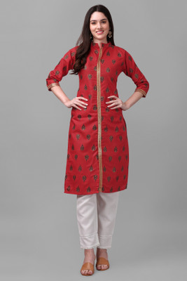 Solucions Women Block Print A-line Kurta(Maroon)