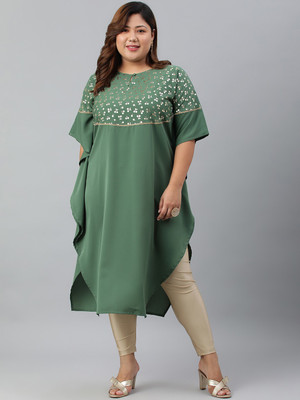 Janasya Women Printed Kaftan Kurta(Green)