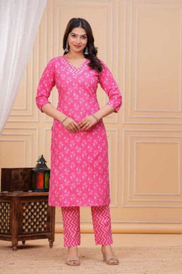 meyora Women Printed, Geometric Print Straight Kurta(Pink)