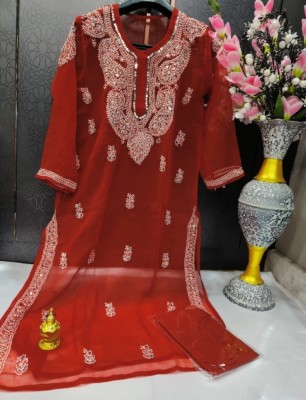 Handwork Chikankari Women Chikan Embroidery A-line Kurta(Red)