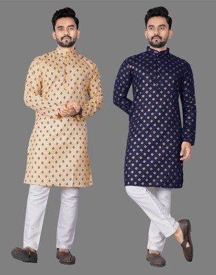 DHASU TRENDZ Men Printed Straight Kurta(Yellow, Blue)