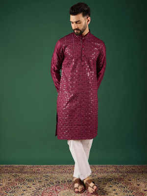 ANOUK Men Geometric Print Straight Kurta(Red)
