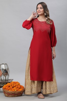 Aurelia Women Embroidered Straight Kurta(Red)