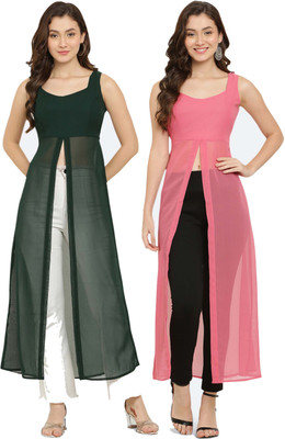 VESICLE Women Solid Frontslit Kurta(Green, Pink)