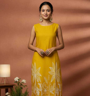 Priti Collection Women Printed A-line Kurta(Yellow)