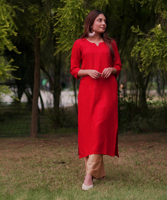 LIBAS Women Embroidered Straight Kurta(Red)