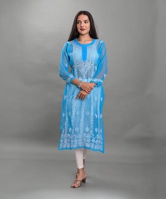 rajeraj Women Embroidered Straight Kurta(Light Blue, White)