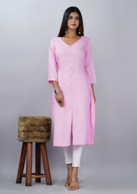 kushiifashion Women Solid A-line Kurta(Pink)