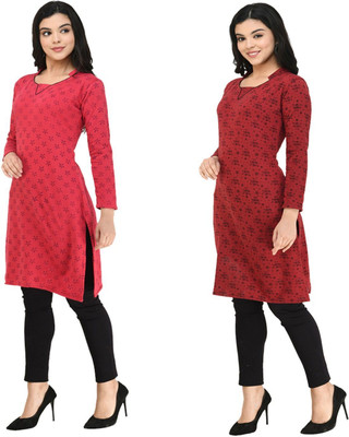 Indeweaves Women Printed Straight Kurta(Red)