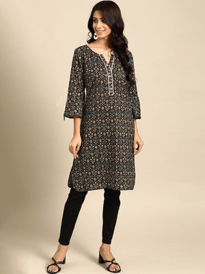 all about you Women Printed Straight Kurta(Black)