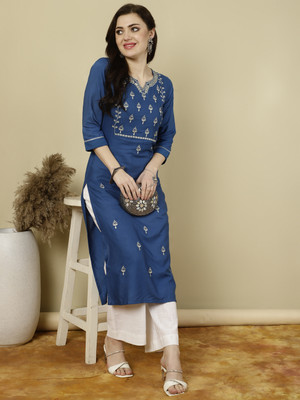 Nishabd Women Embroidered Straight Kurta(Blue)