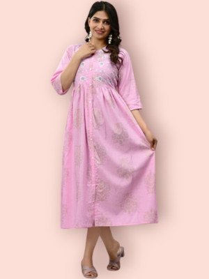Khwaish Women Printed Anarkali Kurta(Pink)