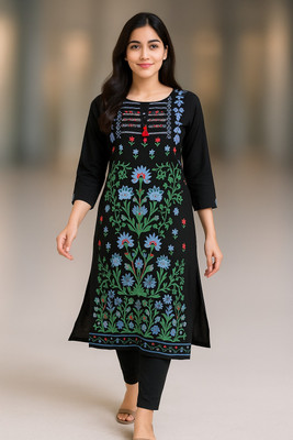 PraMil Creation Women Printed Straight Kurta(Black)