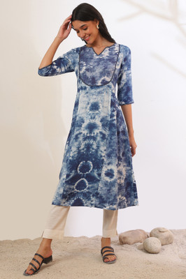 Aurelia Women Geometric Print A-line Kurta(Blue)