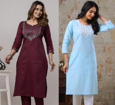 AuzaSho Collection Women Embroidered Straight Kurta(Maroon, Light Blue)