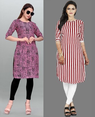 maruti fab Women Striped Straight Kurta(Red, Pink)