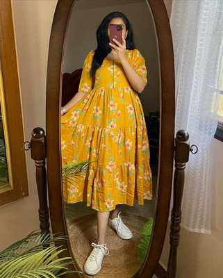 WEDAVIN Women Block Print Anarkali Kurta(Yellow)