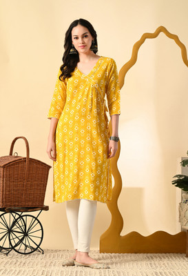 METAFAB Women Printed A-line Kurta(Yellow)