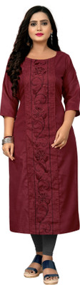 Hetsa Women Embroidered Straight Kurta(Maroon)